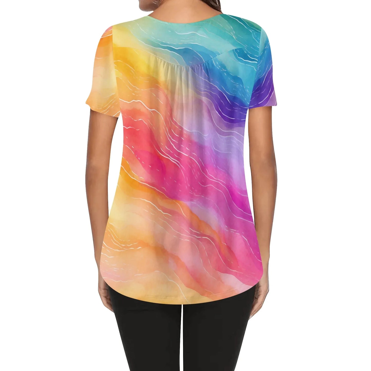 lockere-bluse-mit-u-ausschnitt-und-kurzen-armeln-fur-damen-rainbow-waves-bluse-jlr-design-52994 - JLR Design