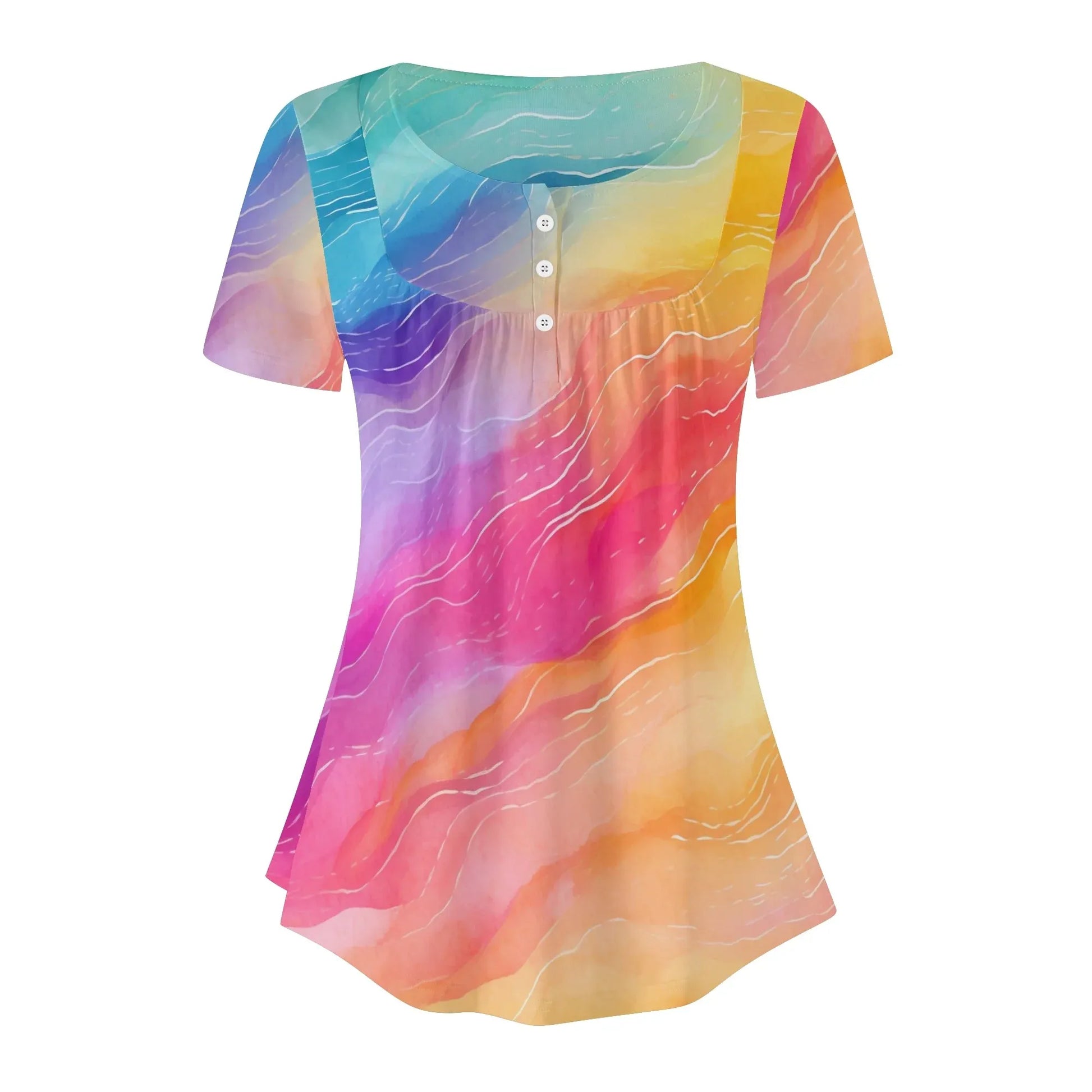 lockere-bluse-mit-u-ausschnitt-und-kurzen-armeln-fur-damen-rainbow-waves-bluse-jlr-design-55563 - JLR Design
