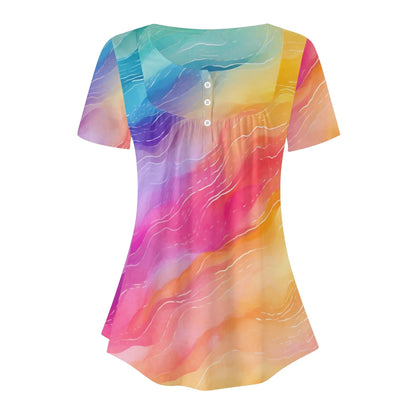 lockere-bluse-mit-u-ausschnitt-und-kurzen-armeln-fur-damen-rainbow-waves-bluse-jlr-design-55563 - JLR Design