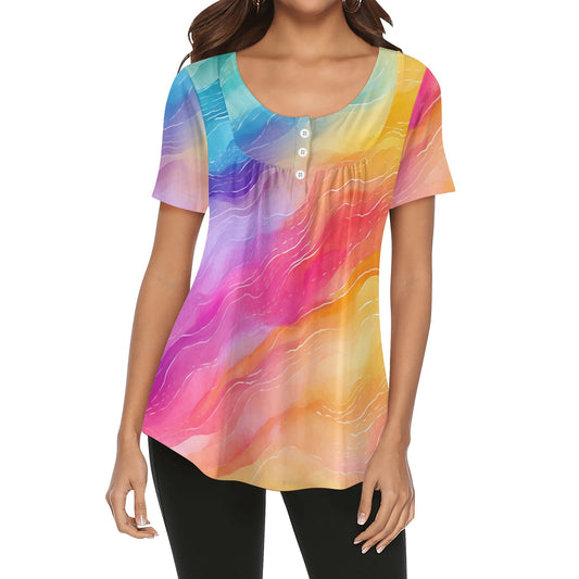 Lockere Bluse mit U-Ausschnitt und kurzen Ärmeln für Damen - Rainbow Waves Bluse JLR Design