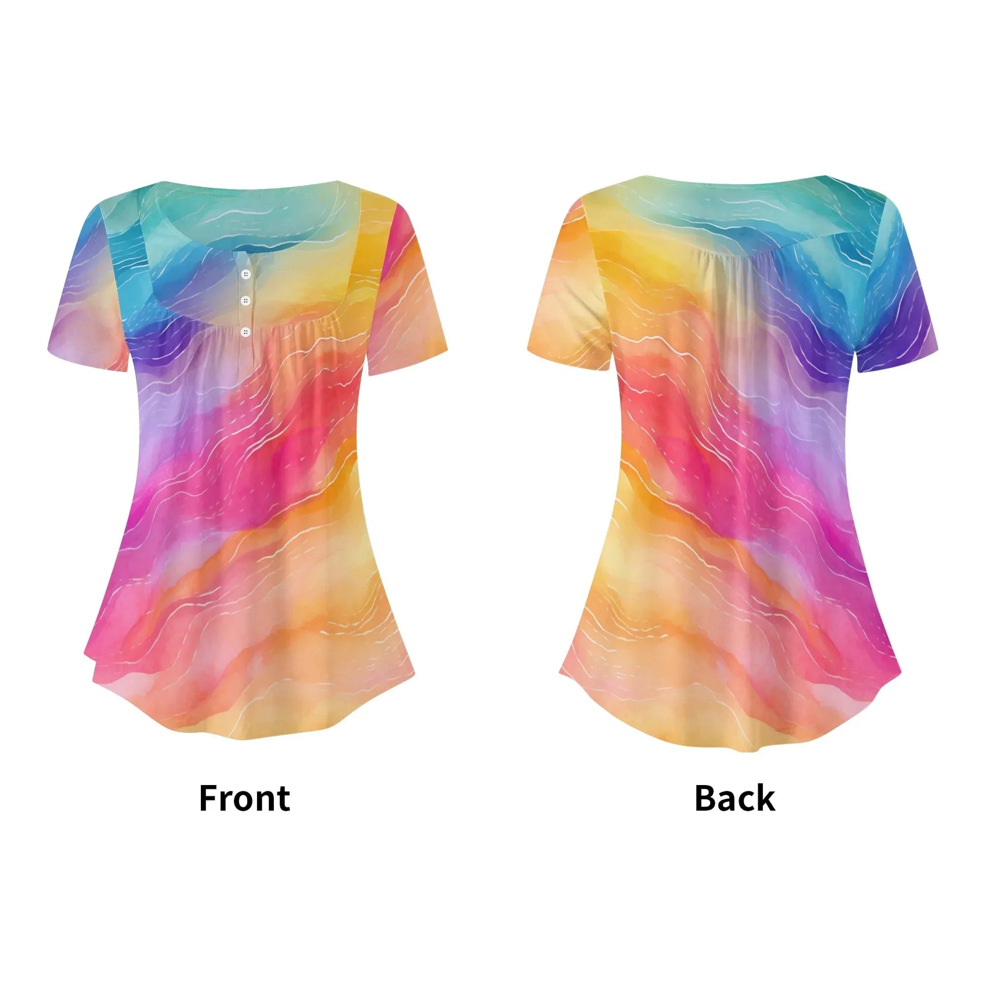lockere-bluse-mit-u-ausschnitt-und-kurzen-armeln-fur-damen-rainbow-waves-bluse-jlr-design-52050 - JLR Design