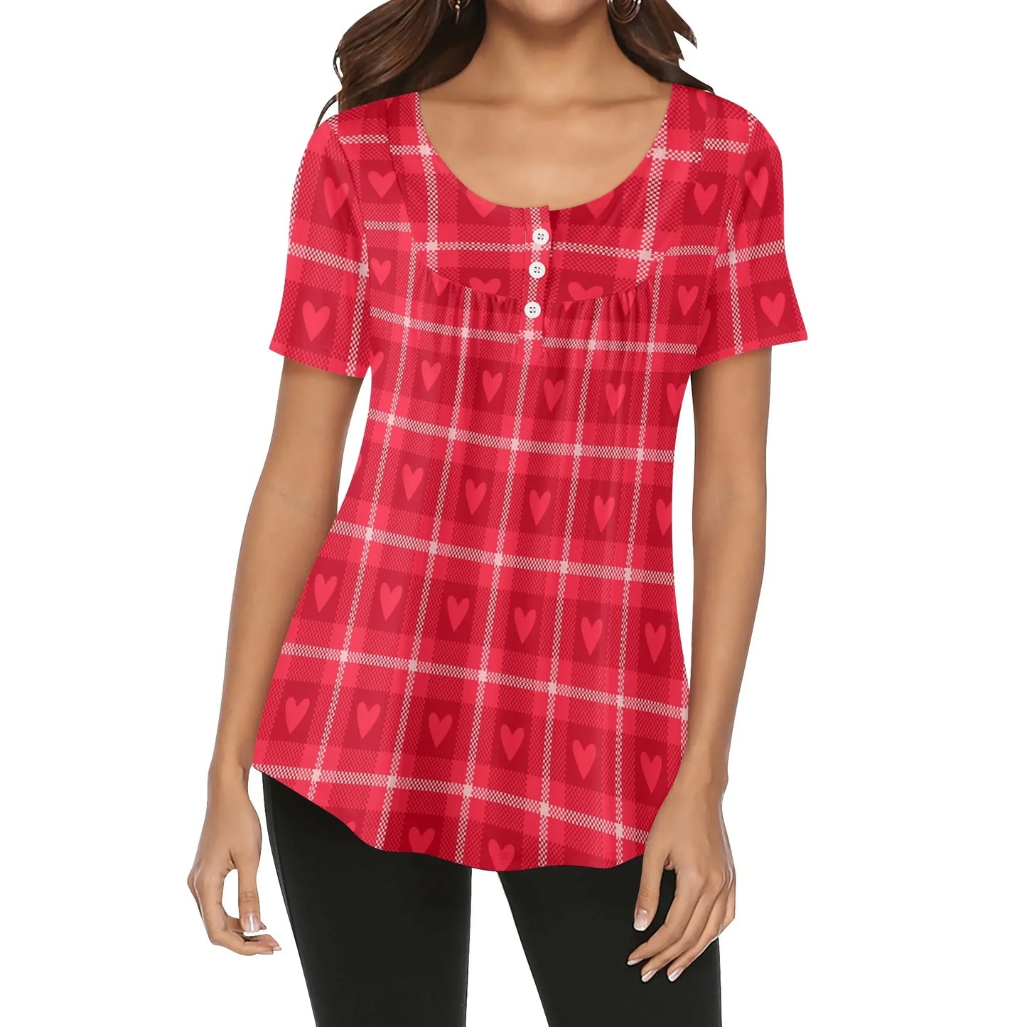 lockere-bluse-mit-u-ausschnitt-und-kurzen-armeln-fur-damen-rote-karo-herzchen-bluse-jlr-design-93913 - JLR Design