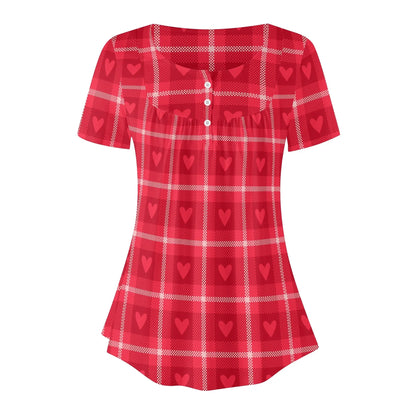 lockere-bluse-mit-u-ausschnitt-und-kurzen-armeln-fur-damen-rote-karo-herzchen-bluse-jlr-design-25545 - JLR Design