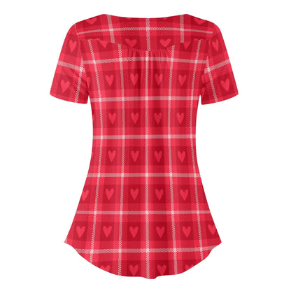 lockere-bluse-mit-u-ausschnitt-und-kurzen-armeln-fur-damen-rote-karo-herzchen-bluse-jlr-design-34699 - JLR Design