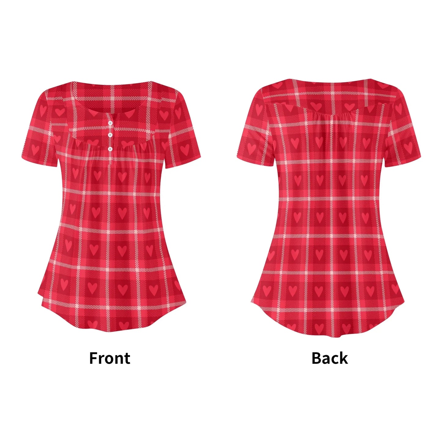 lockere-bluse-mit-u-ausschnitt-und-kurzen-armeln-fur-damen-rote-karo-herzchen-bluse-jlr-design-43325 - JLR Design