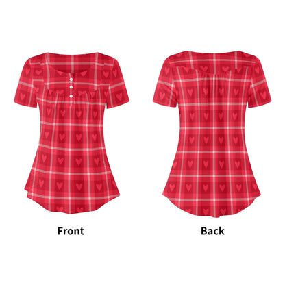 lockere-bluse-mit-u-ausschnitt-und-kurzen-armeln-fur-damen-rote-karo-herzchen-bluse-jlr-design-43325 - JLR Design