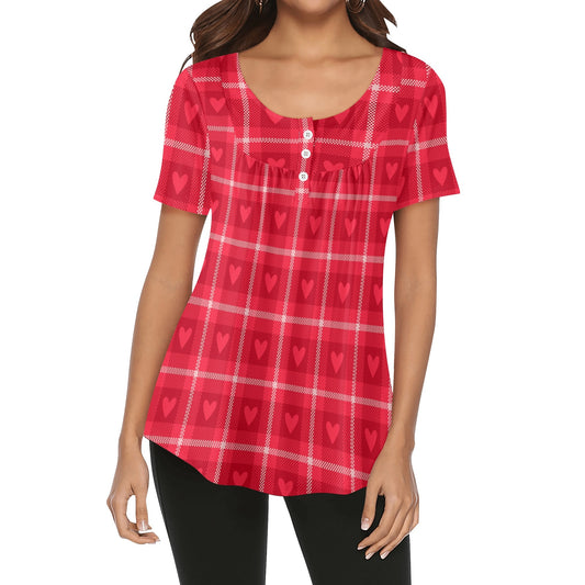 Lockere Bluse mit U-Ausschnitt und kurzen Ärmeln für Damen - Rote Karo Herzchen Bluse JLR Design