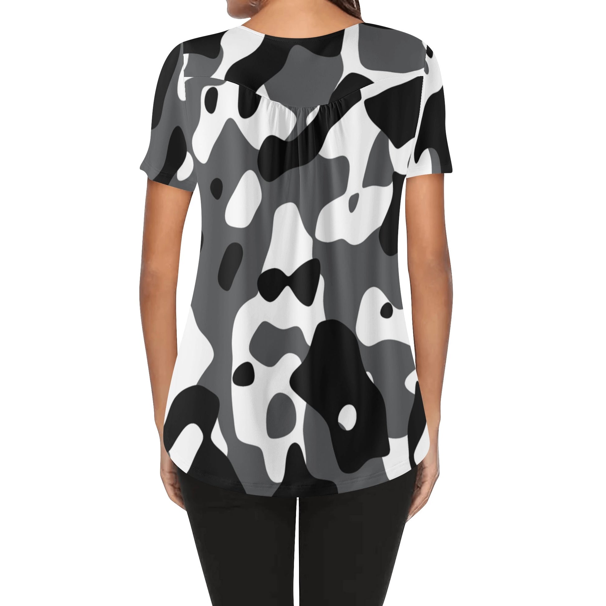 Lockere Bluse mit U-Ausschnitt und kurzen Ärmeln für Damen - Schwarz Grau Weiß Camouflage Bluse JLR Design