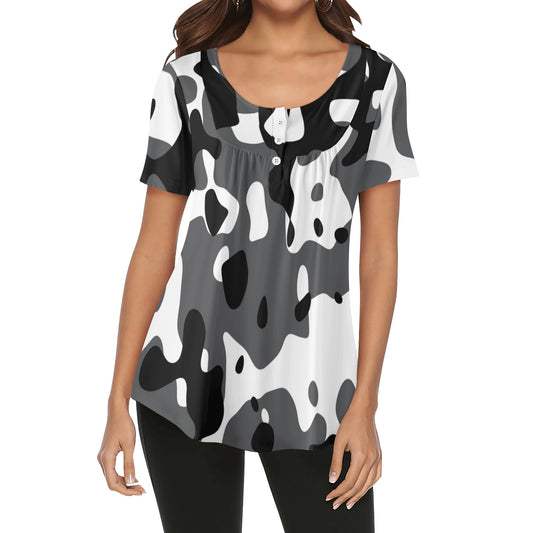 Lockere Bluse mit U-Ausschnitt und kurzen Ärmeln für Damen - Schwarz Grau Weiß Camouflage Bluse JLR Design