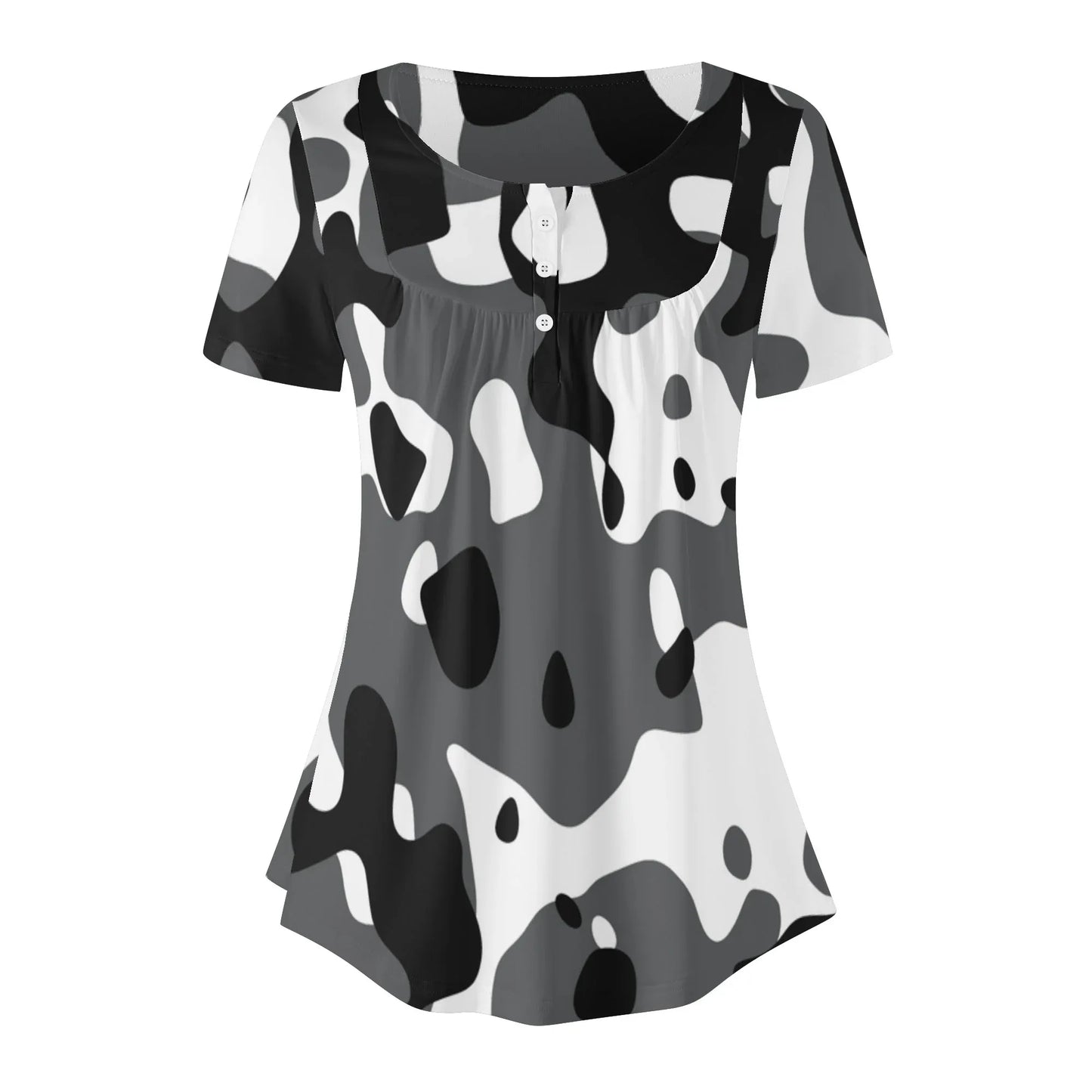 lockere-bluse-mit-u-ausschnitt-und-kurzen-armeln-fur-damen-schwarz-grau-weiss-camouflage-bluse-jlr-design-91362 - JLR Design