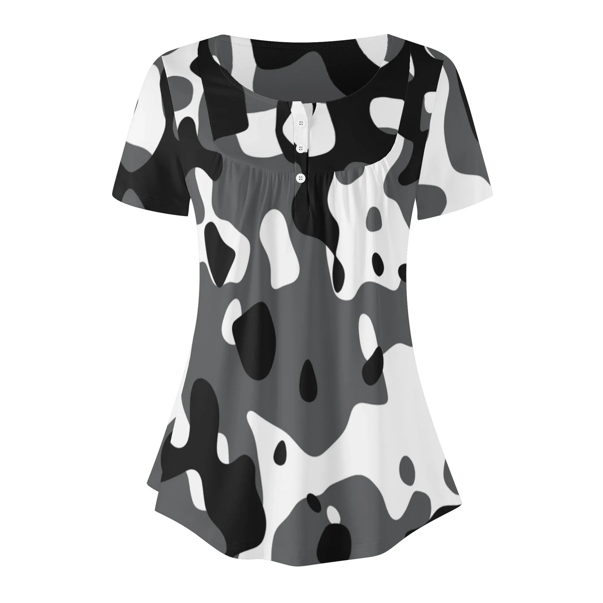 lockere-bluse-mit-u-ausschnitt-und-kurzen-armeln-fur-damen-schwarz-grau-weiss-camouflage-bluse-jlr-design-91362 - JLR Design