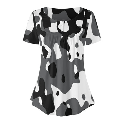 lockere-bluse-mit-u-ausschnitt-und-kurzen-armeln-fur-damen-schwarz-grau-weiss-camouflage-bluse-jlr-design-91362 - JLR Design