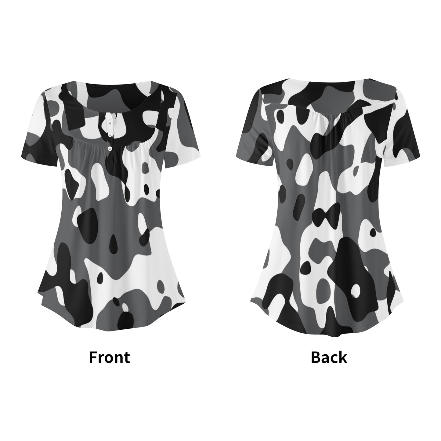 Lockere Bluse mit U-Ausschnitt und kurzen Ärmeln für Damen - Schwarz Grau Weiß Camouflage Bluse JLR Design