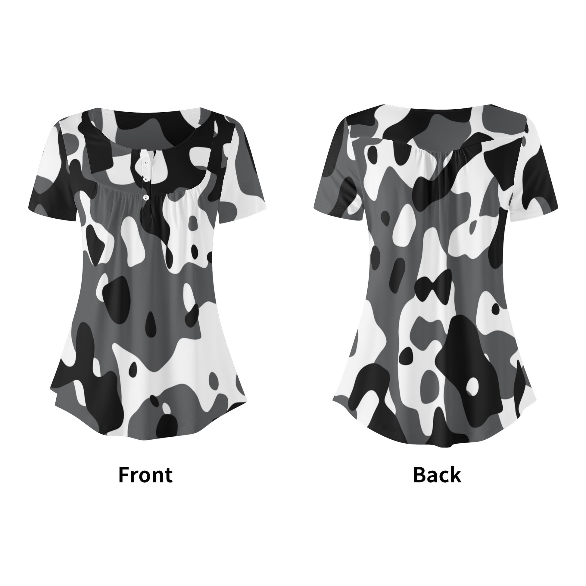 Lockere Bluse mit U-Ausschnitt und kurzen Ärmeln für Damen - Schwarz Grau Weiß Camouflage Bluse JLR Design