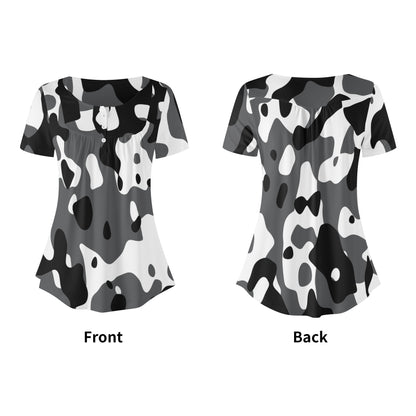 Lockere Bluse mit U-Ausschnitt und kurzen Ärmeln für Damen - Schwarz Grau Weiß Camouflage Bluse JLR Design