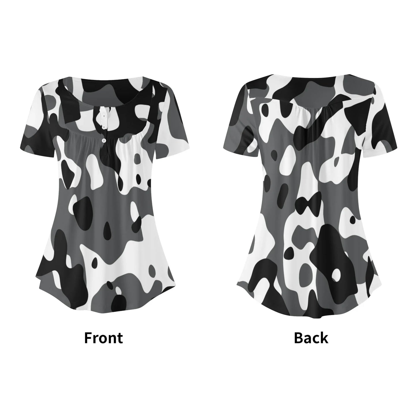 lockere-bluse-mit-u-ausschnitt-und-kurzen-armeln-fur-damen-schwarz-grau-weiss-camouflage-bluse-jlr-design-44838 - JLR Design