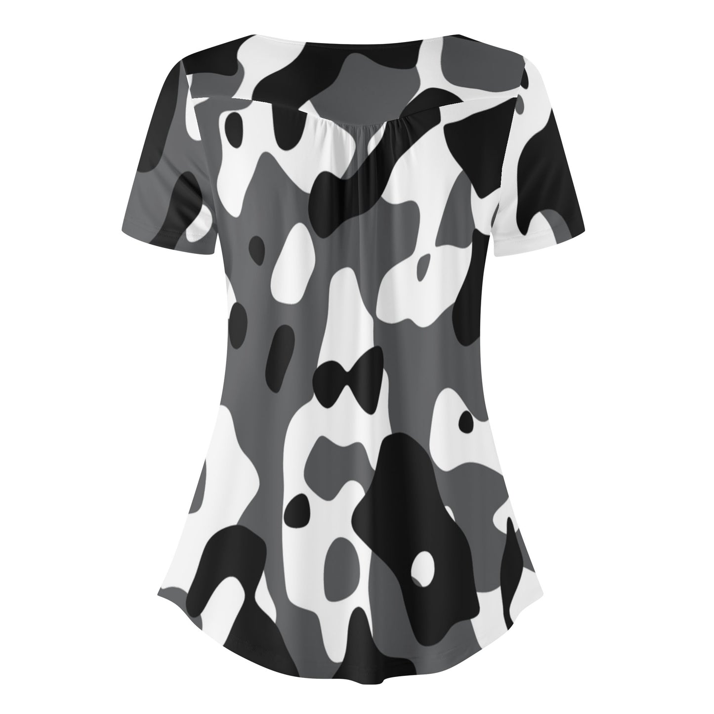 Lockere Bluse mit U-Ausschnitt und kurzen Ärmeln für Damen - Schwarz Grau Weiß Camouflage Bluse JLR Design