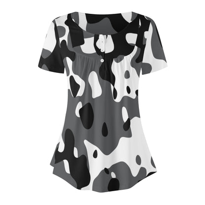 Lockere Bluse mit U-Ausschnitt und kurzen Ärmeln für Damen - Schwarz Grau Weiß Camouflage Bluse JLR Design