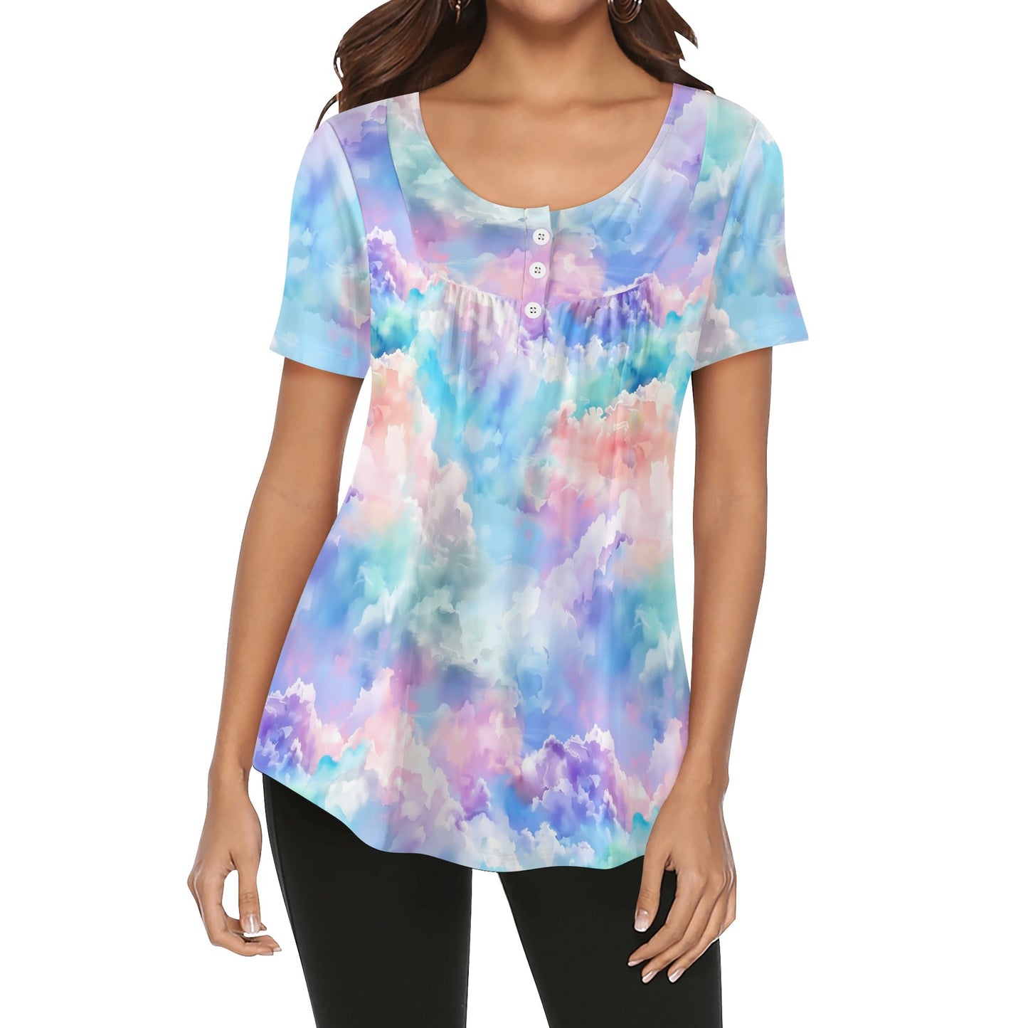 Lockere Bluse mit U-Ausschnitt und kurzen Ärmeln für Damen - Soft Clouds Bluse JLR Design