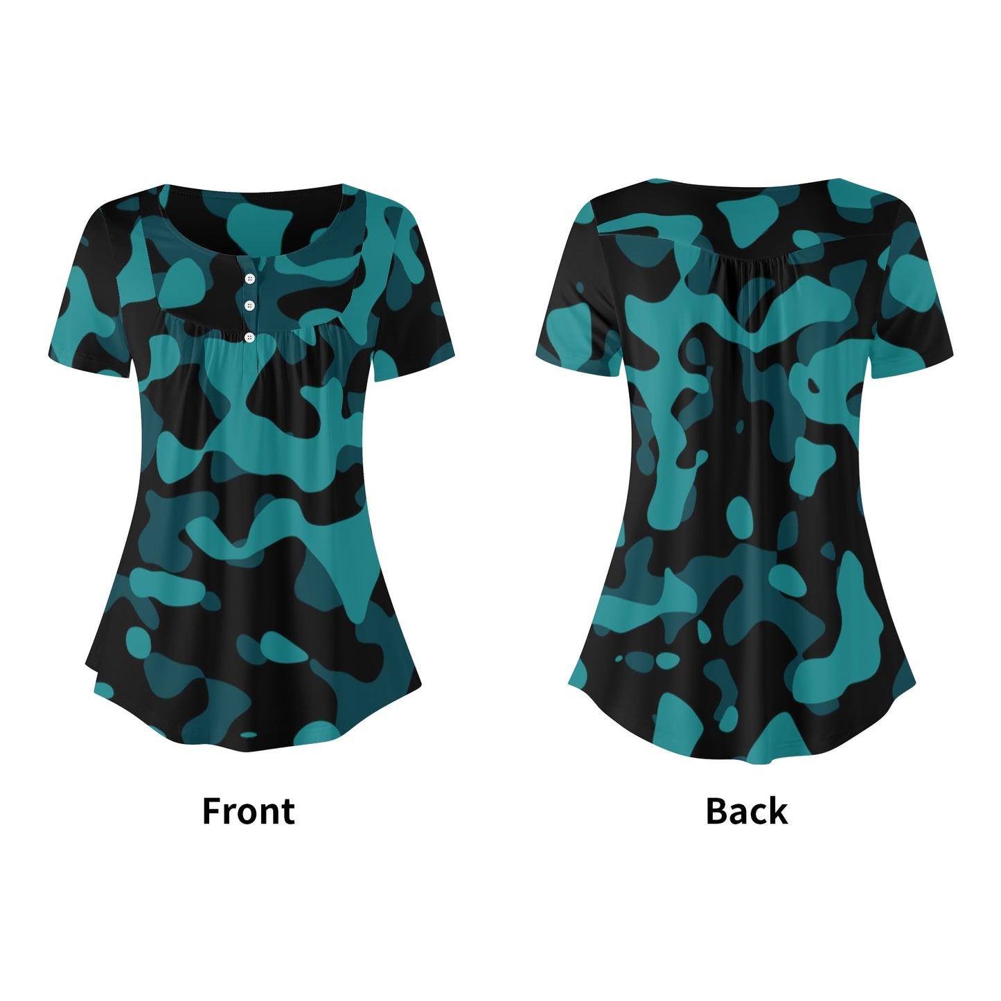 Lockere Bluse mit U-Ausschnitt und kurzen Ärmeln für Damen - Türkis Camouflage Bluse JLR Design