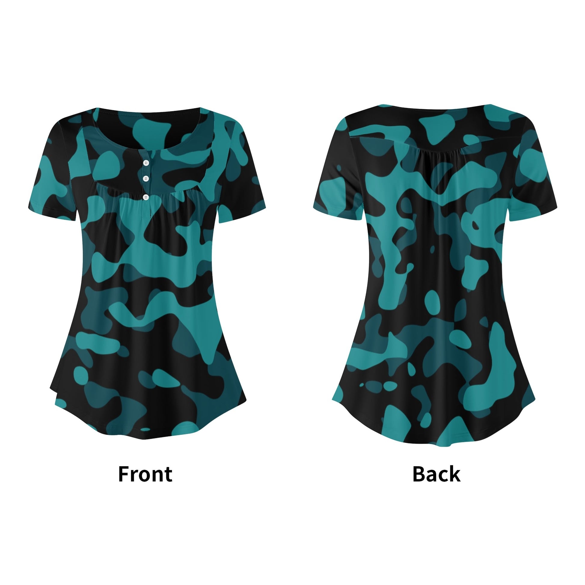 Lockere Bluse mit U-Ausschnitt und kurzen Ärmeln für Damen - Türkis Camouflage Bluse JLR Design