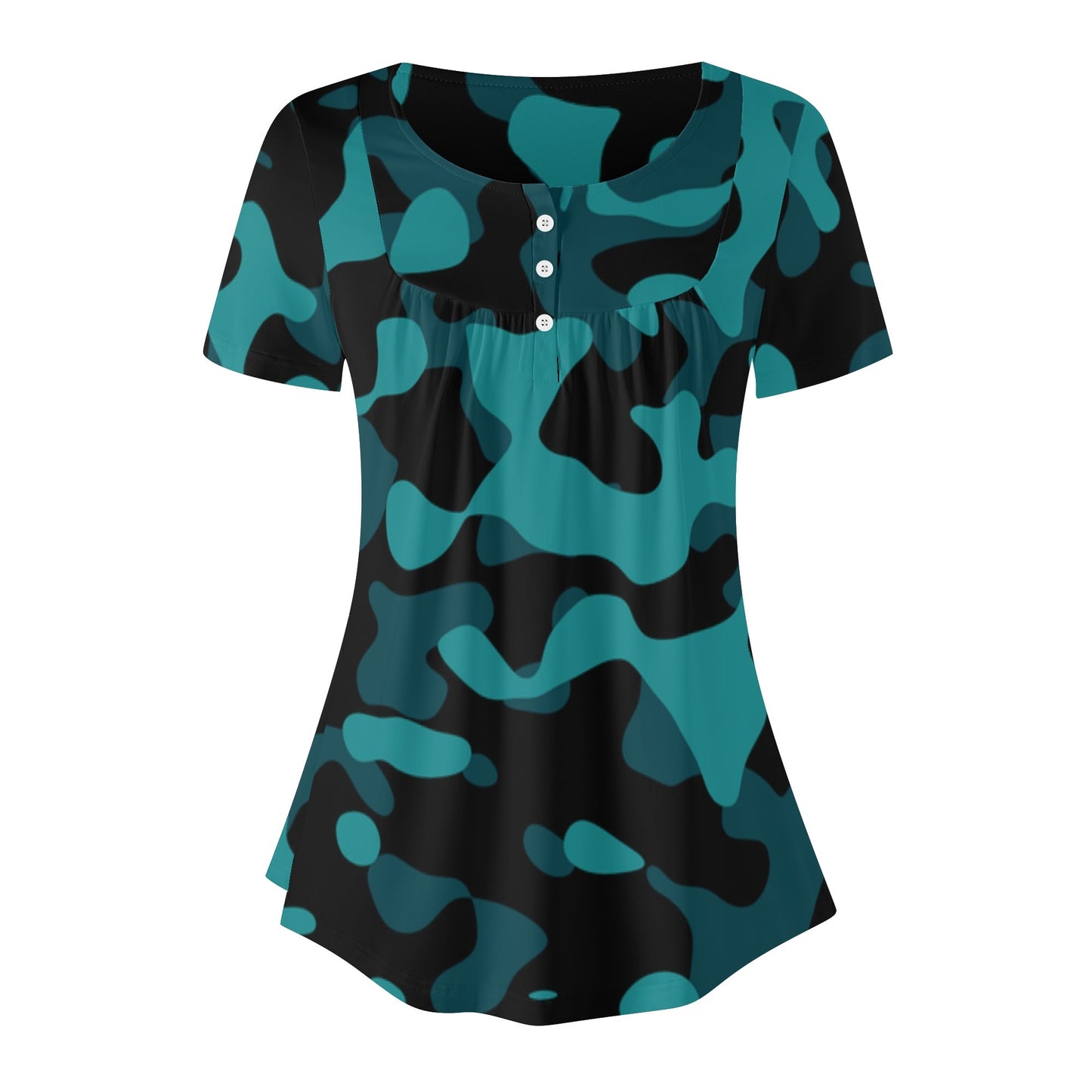 Lockere Bluse mit U-Ausschnitt und kurzen Ärmeln für Damen - Türkis Camouflage Bluse JLR Design