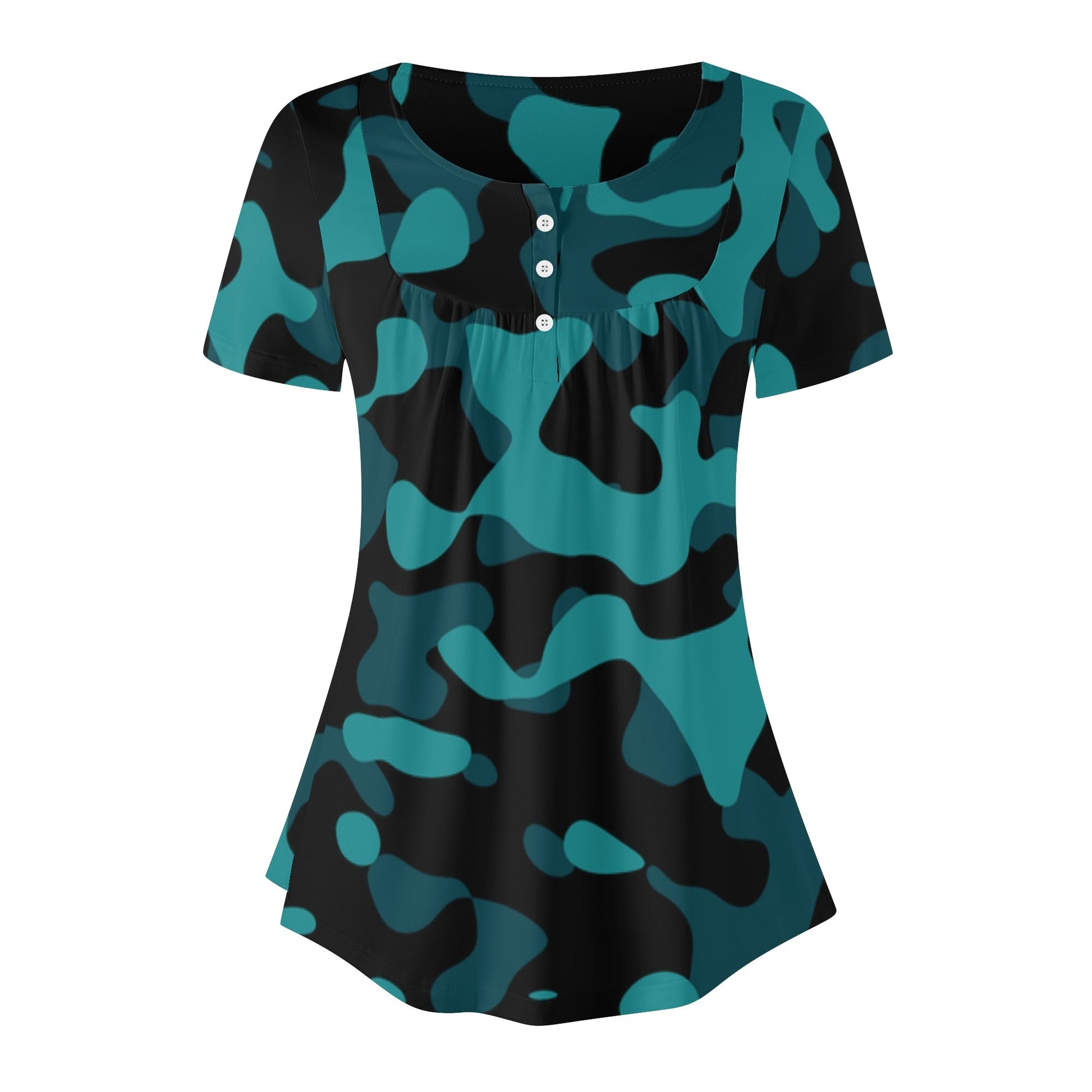 Lockere Bluse mit U-Ausschnitt und kurzen Ärmeln für Damen - Türkis Camouflage Bluse JLR Design