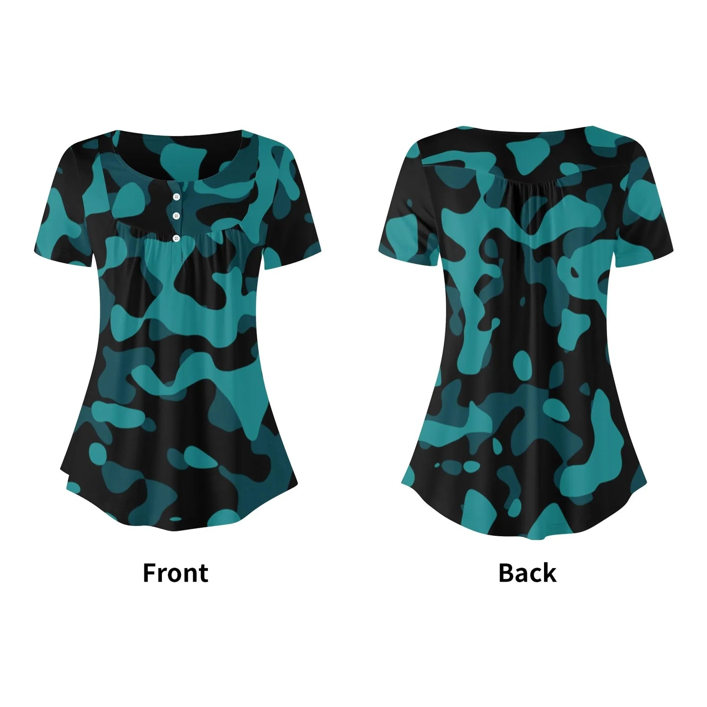 lockere-bluse-mit-u-ausschnitt-und-kurzen-armeln-fur-damen-turkis-camouflage-bluse-jlr-design-38496 - JLR Design