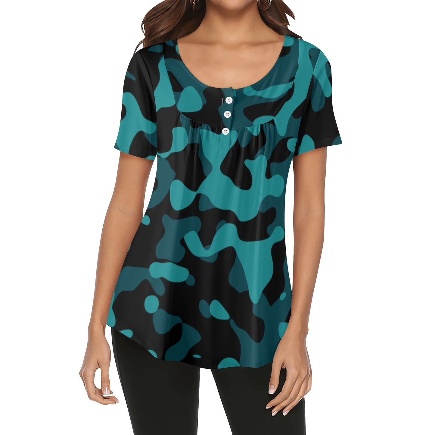 Lockere Bluse mit U-Ausschnitt und kurzen Ärmeln für Damen - Türkis Camouflage Bluse JLR Design