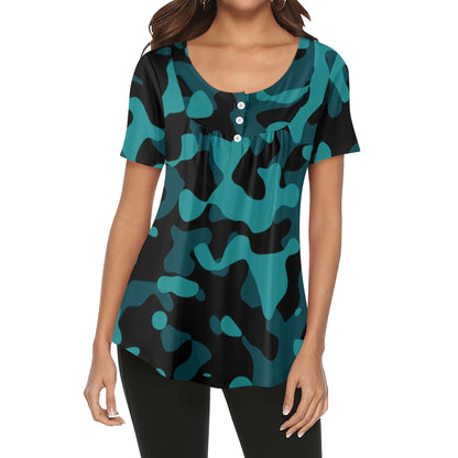 Lockere Bluse mit U-Ausschnitt und kurzen Ärmeln für Damen - Türkis Camouflage Bluse JLR Design