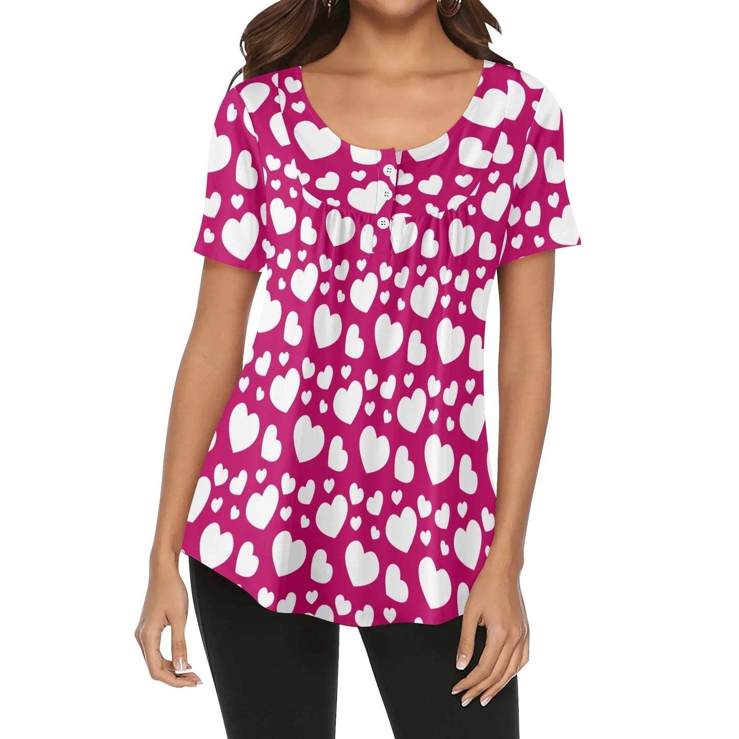 lockere-bluse-mit-u-ausschnitt-und-kurzen-armeln-fur-damen-weisses-herzchenmuster-bluse-jlr-design-95695 - JLR Design