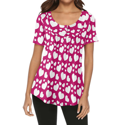 lockere-bluse-mit-u-ausschnitt-und-kurzen-armeln-fur-damen-weisses-herzchenmuster-bluse-jlr-design-95695 - JLR Design