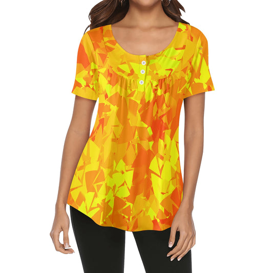 Lockere Bluse mit U-Ausschnitt und kurzen Ärmeln für Damen - Yellow Crystal Bluse JLR Design