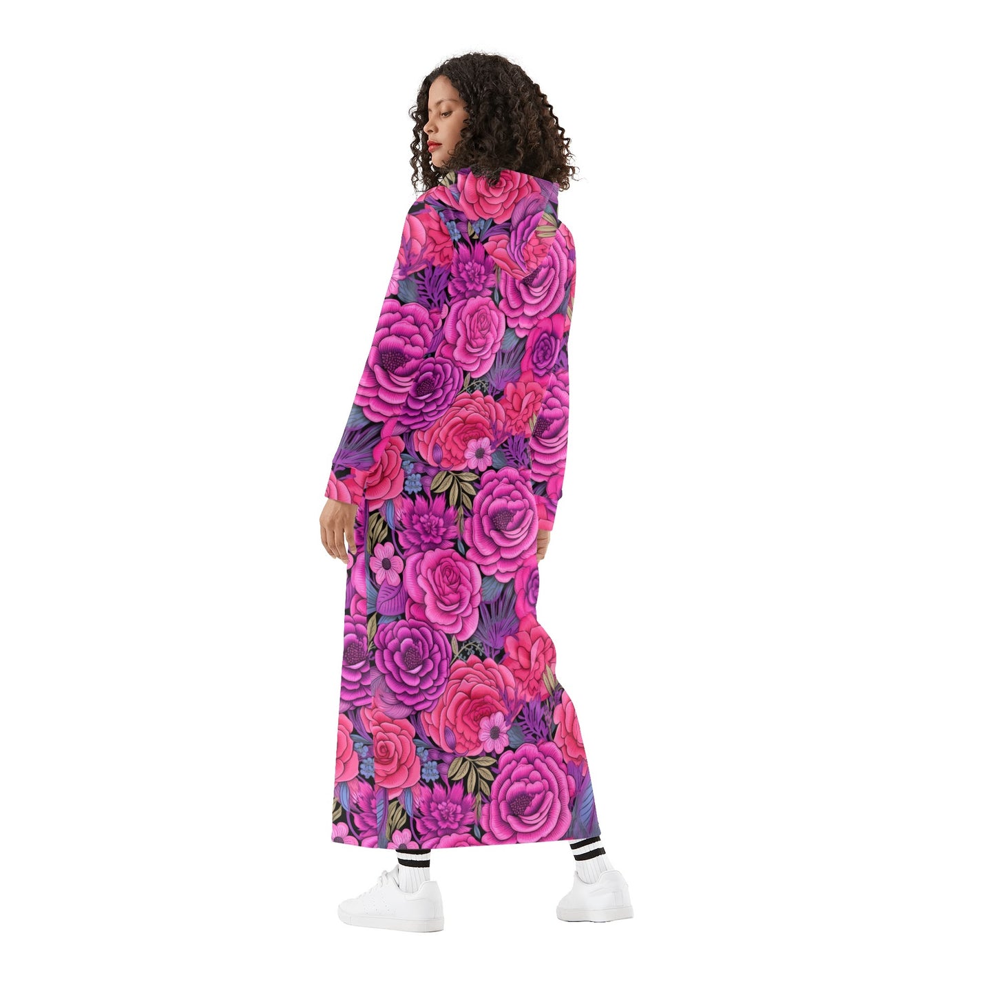 Pink Flowers bequemes leichtes Hoodie Kleid Hoodiekleid JLR Design
