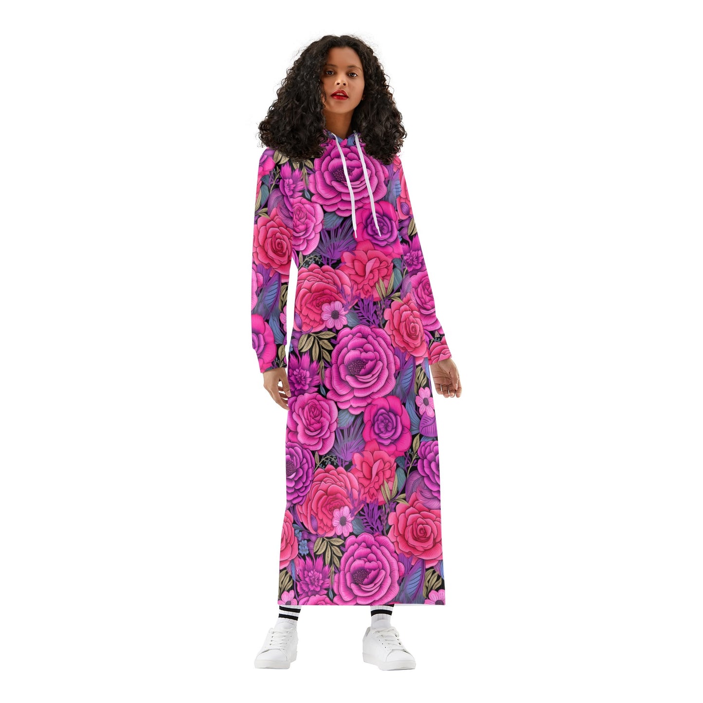 Pink Flowers bequemes leichtes Hoodie Kleid Hoodiekleid JLR Design
