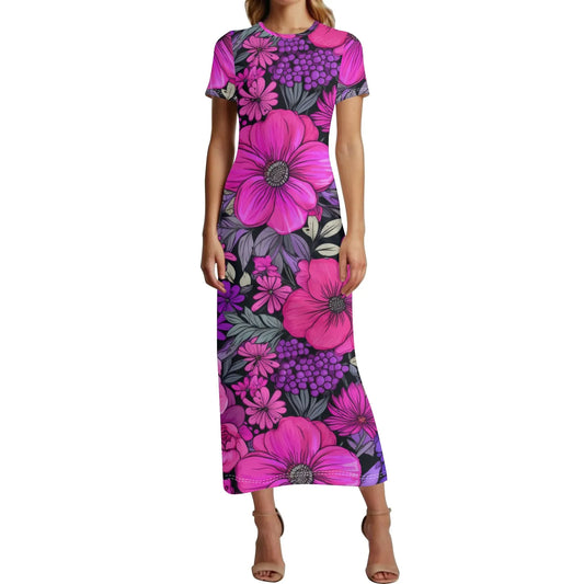 pink-flowers-short-sleeve-long-dress-long-dress-jlr-design-99250 - JLR Design