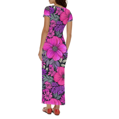 pink-flowers-short-sleeve-long-dress-long-dress-jlr-design-90757 - JLR Design