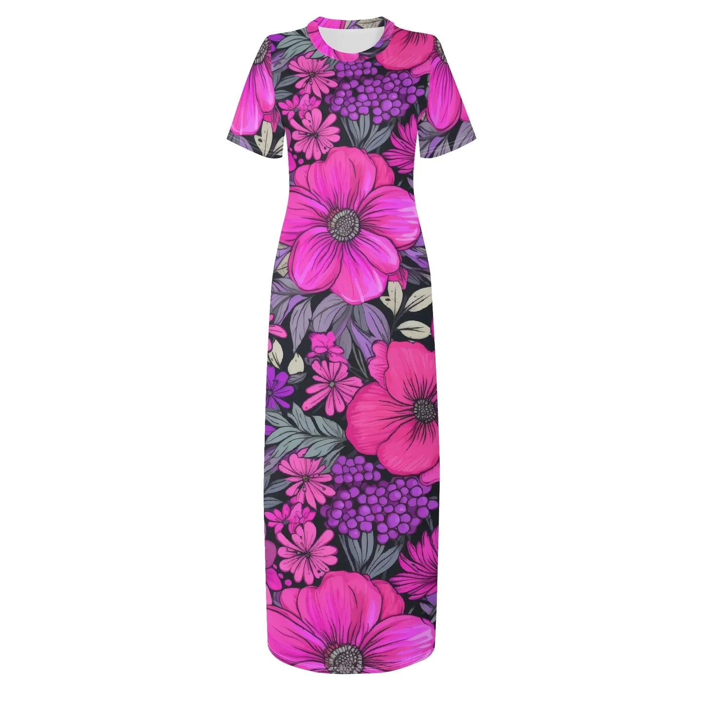 pink-flowers-short-sleeve-long-dress-long-dress-jlr-design-62616 - JLR Design