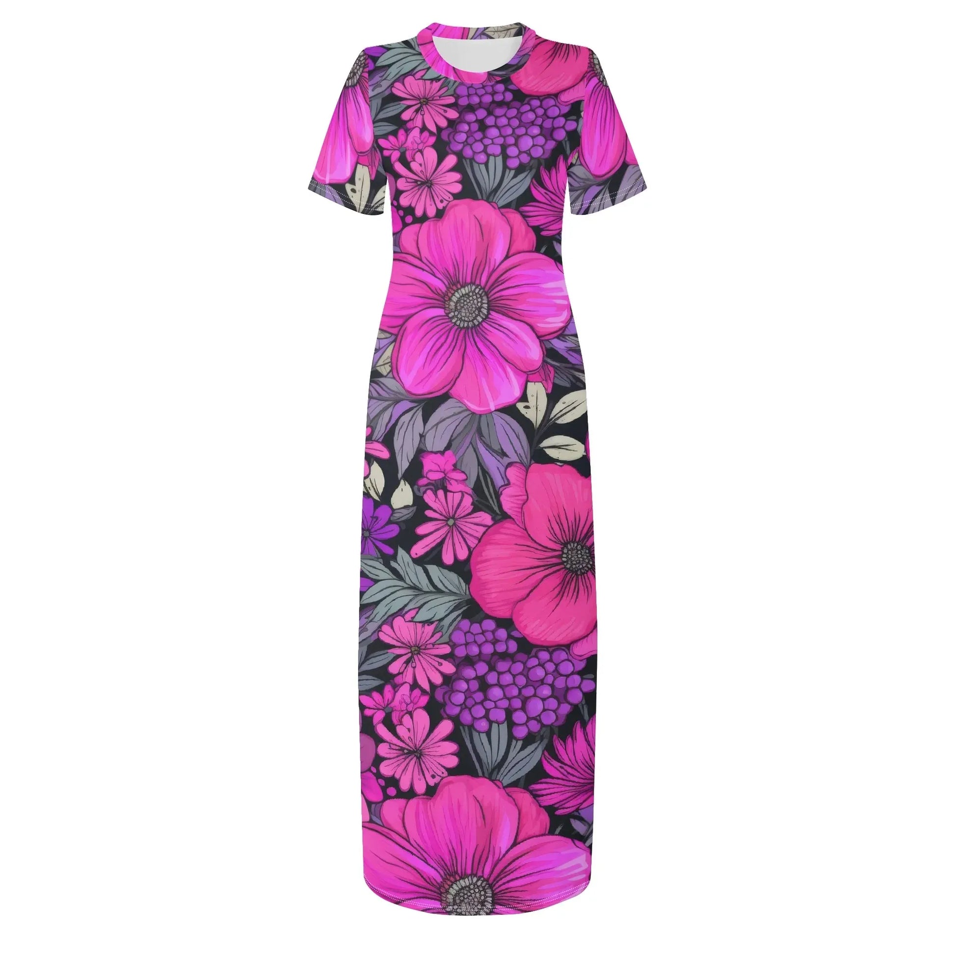 pink-flowers-short-sleeve-long-dress-long-dress-jlr-design-62616 - JLR Design