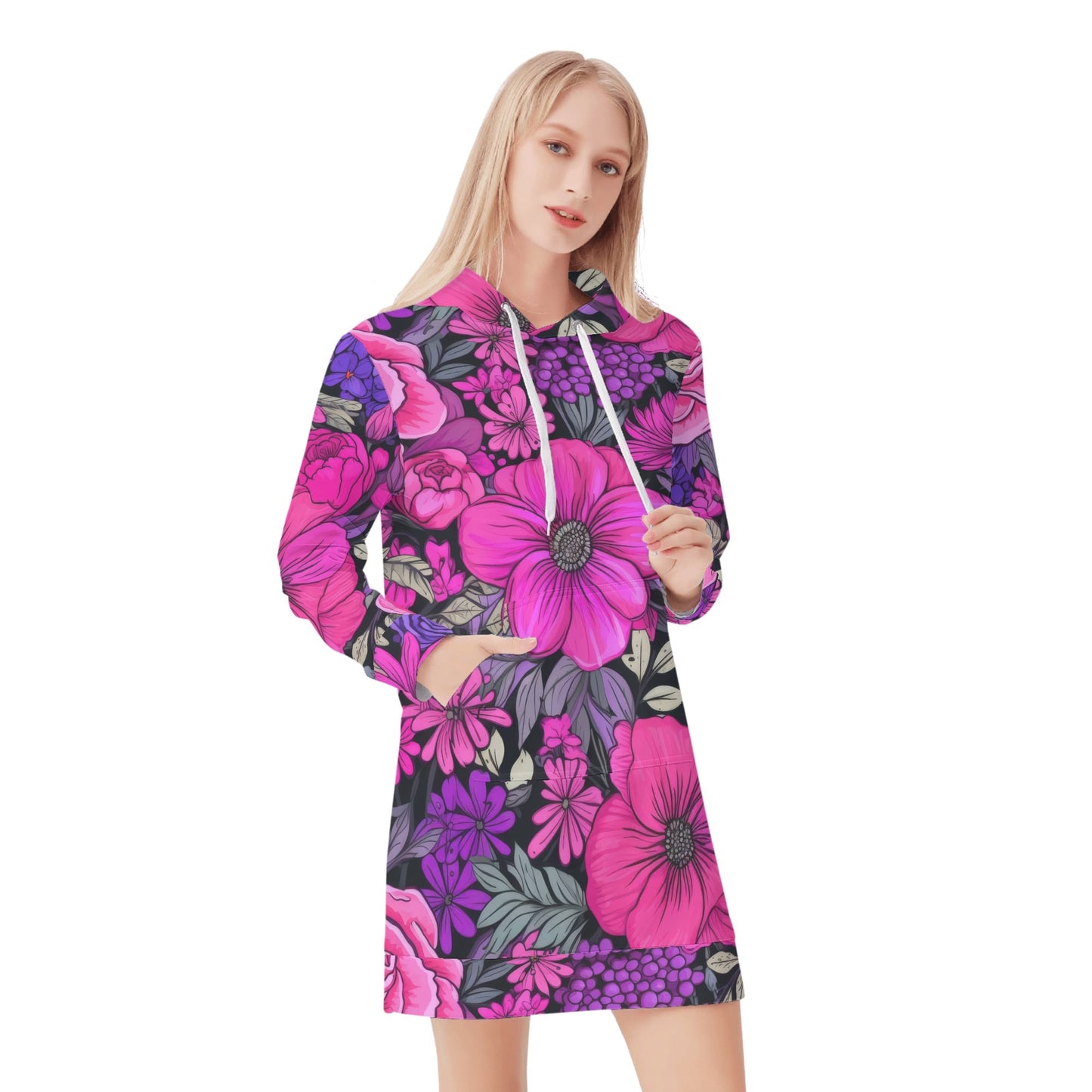 Pink Flowers Velvet Hoodie Dress Hoodiekleid JLR Design