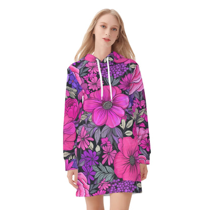 Pink Flowers Velvet Hoodie Dress Hoodiekleid JLR Design