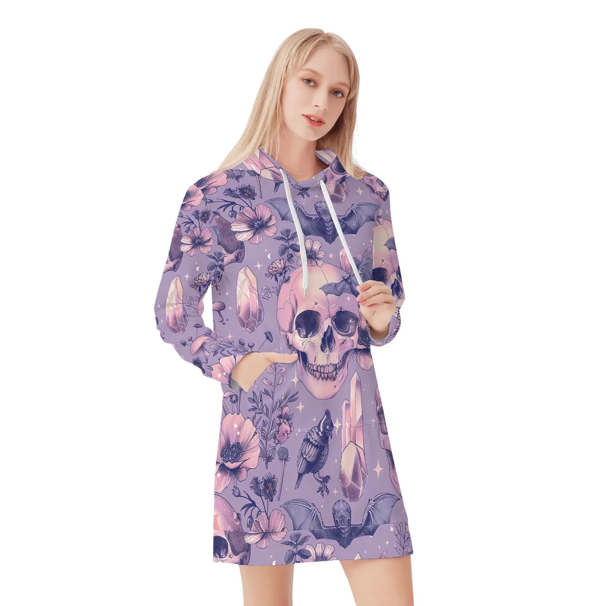 pink-skull-v1-velvet-hoodie-dress-hoodiekleid-jlr-design-95170 - JLR Design