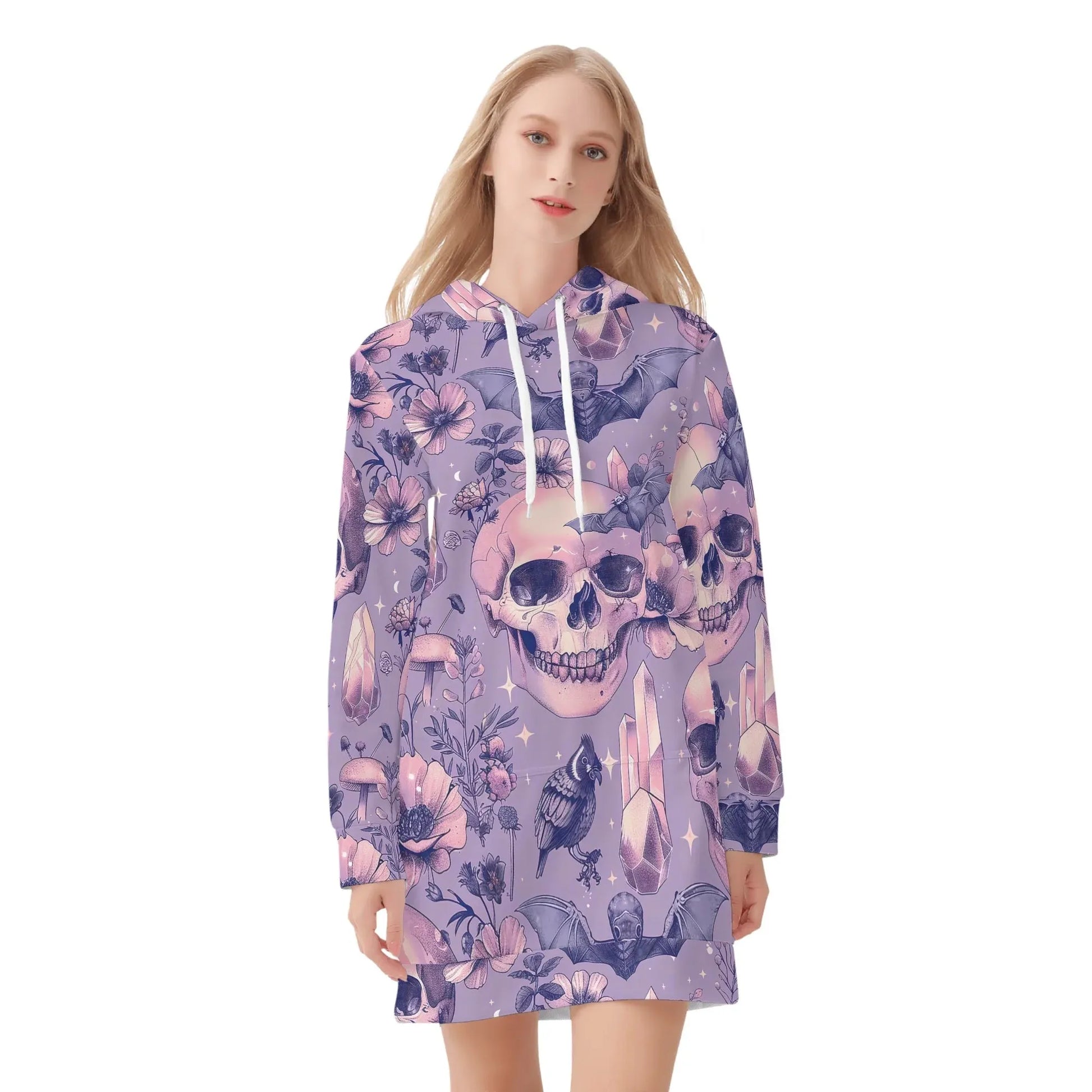 pink-skull-v1-velvet-hoodie-dress-hoodiekleid-jlr-design-53428 - JLR Design