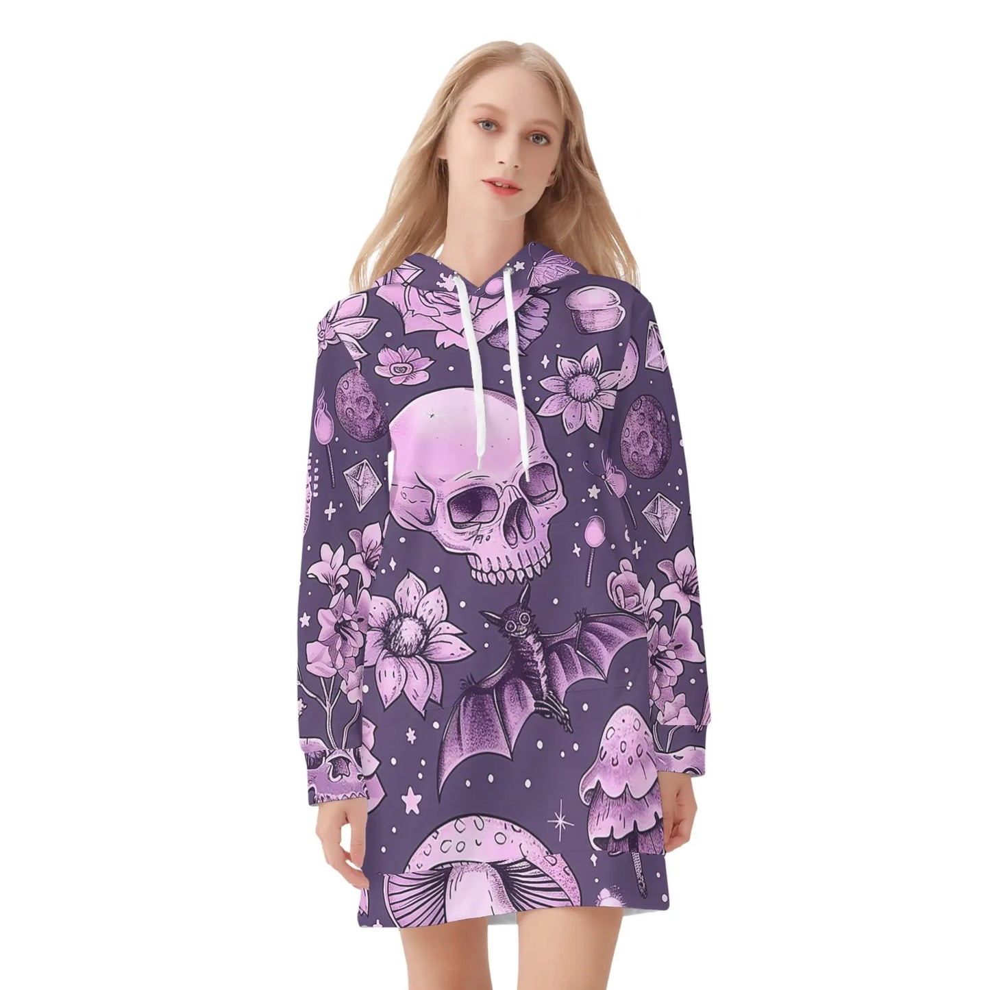 pink-skull-v2-velvet-hoodie-dress-hoodiekleid-jlr-design-73745 - JLR Design