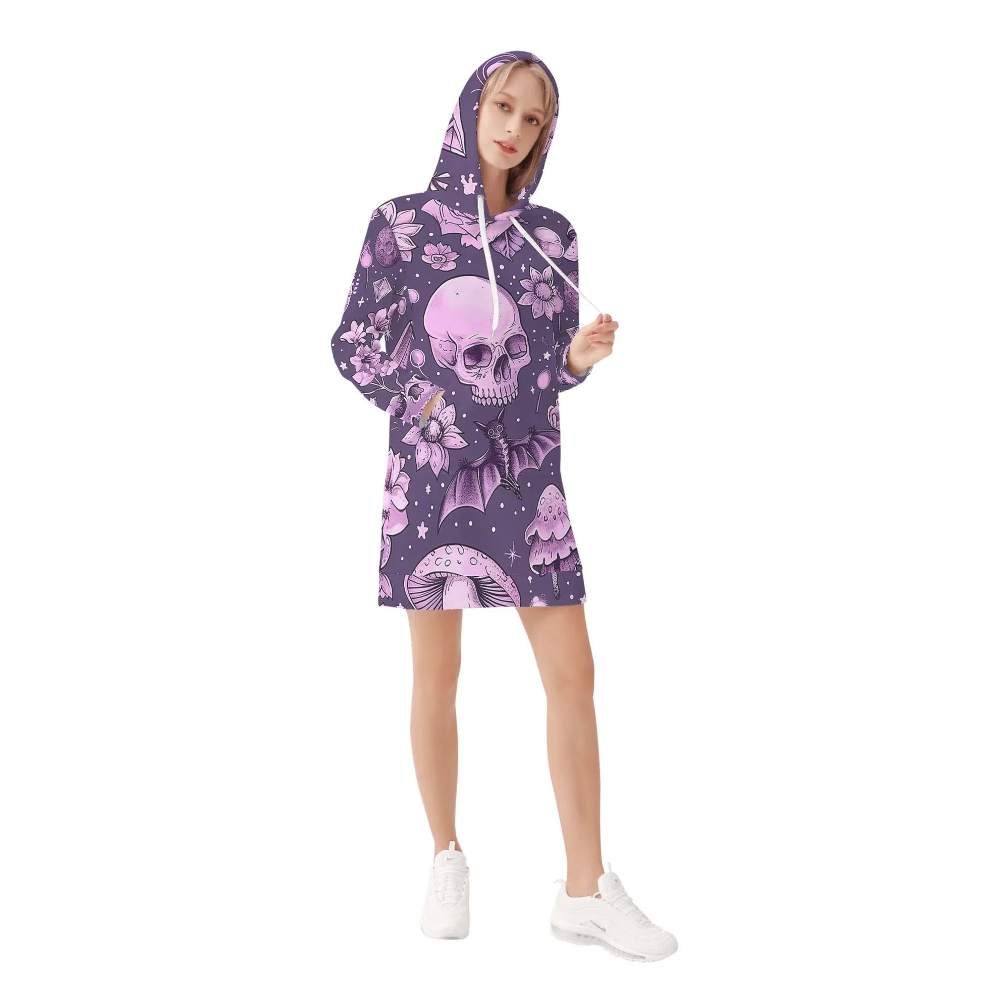 pink-skull-v2-velvet-hoodie-dress-hoodiekleid-jlr-design-36080 - JLR Design