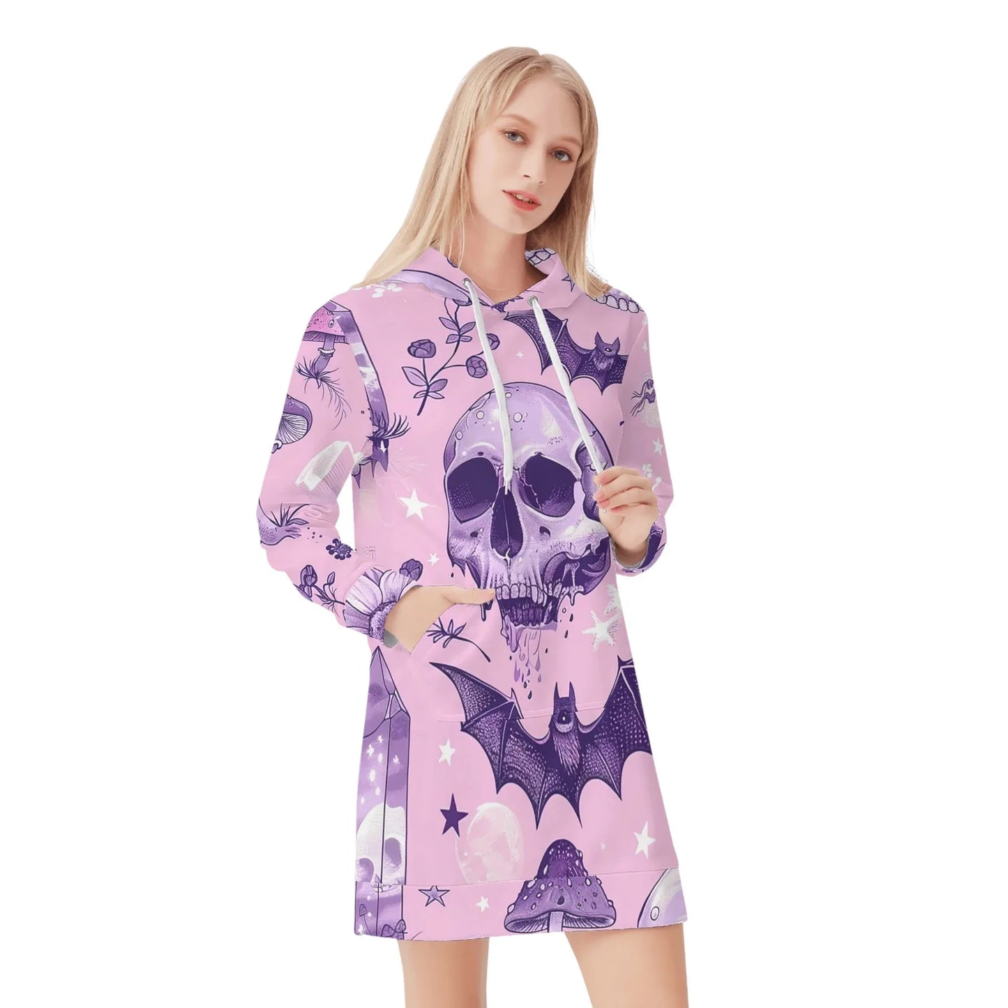 pink-skull-v3-velvet-hoodie-dress-hoodiekleid-jlr-design-40238 - JLR Design