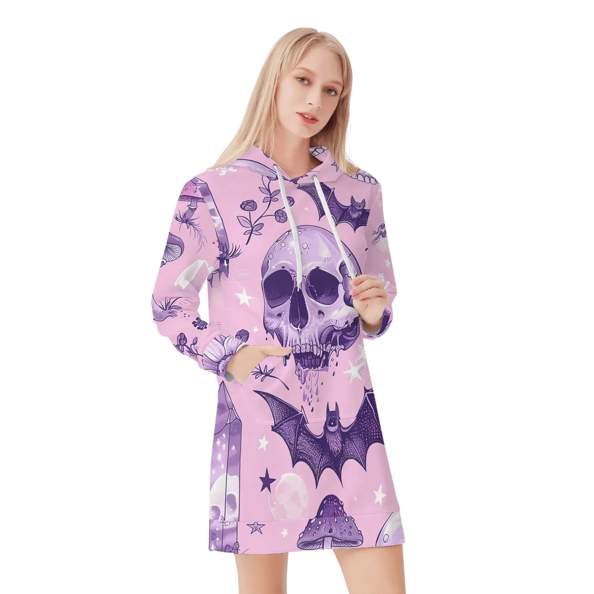 pink-skull-v3-velvet-hoodie-dress-hoodiekleid-jlr-design-40238 - JLR Design