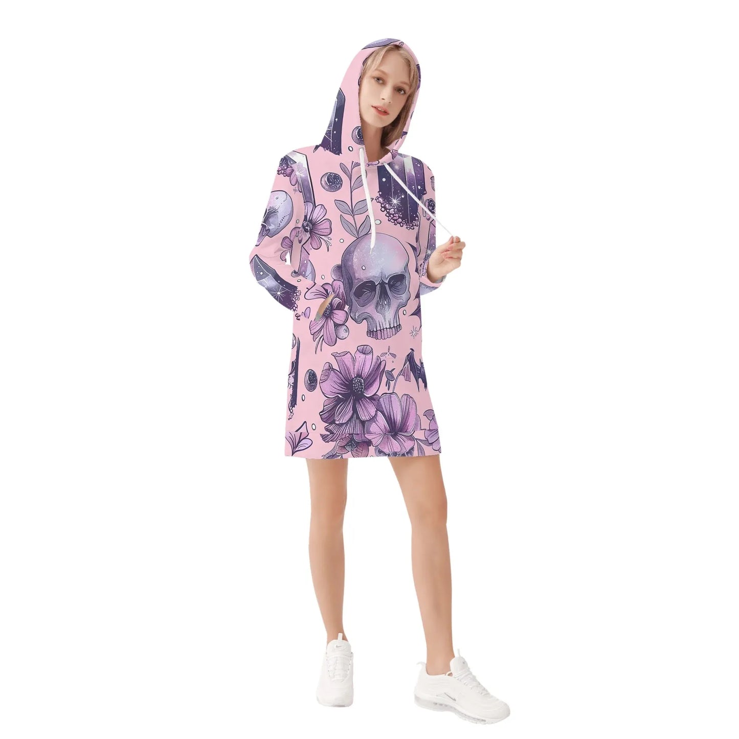 pink-skull-v4-velvet-hoodie-dress-hoodiekleid-jlr-design-38618 - JLR Design