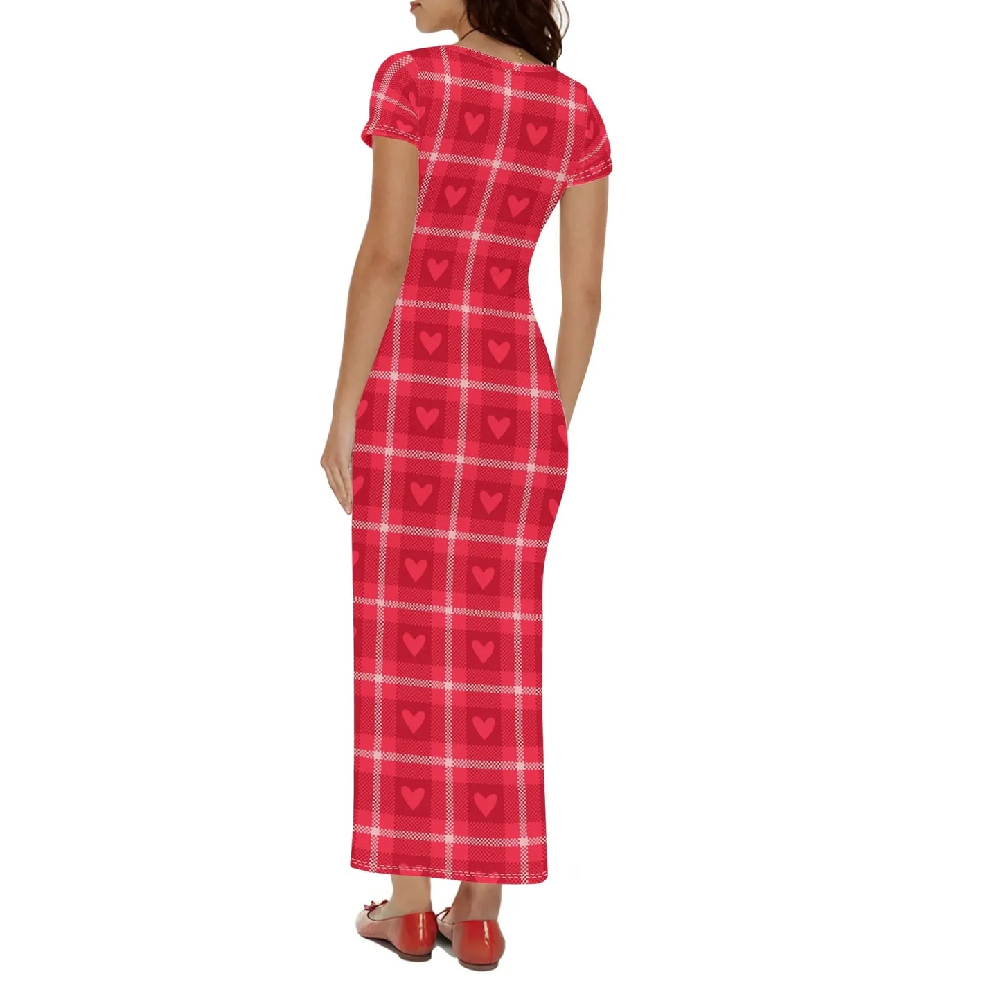red-flanell-heart-short-sleeve-long-dress-long-dress-jlr-design-23260 - JLR Design
