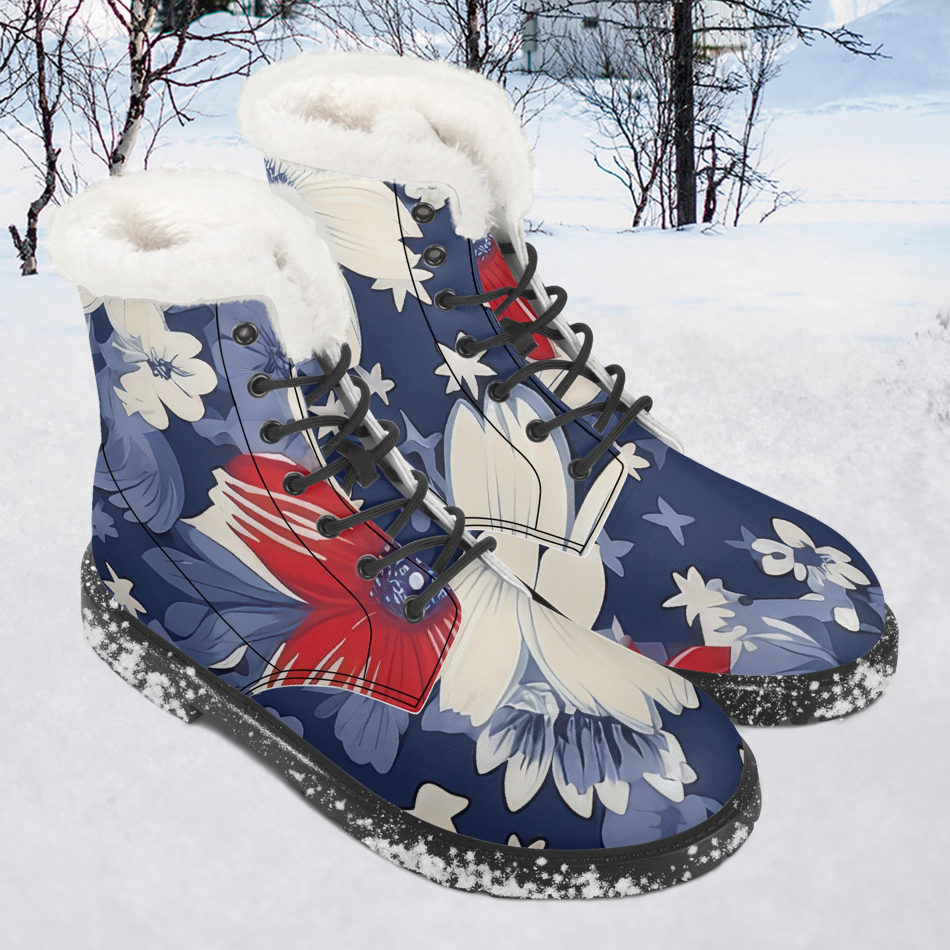 Red White Blue Flower Faux Fur Leder Boots Boots JLR Design
